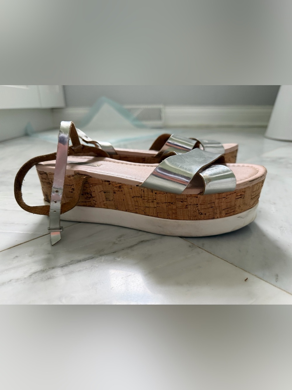 MTNG Silver Metallic Cork Platform Sandals